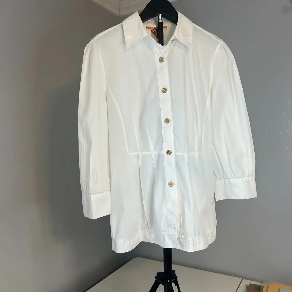 Tory Burch Women’s Size 8 White Button Down Shirt Gold Logo Buttons Blouse